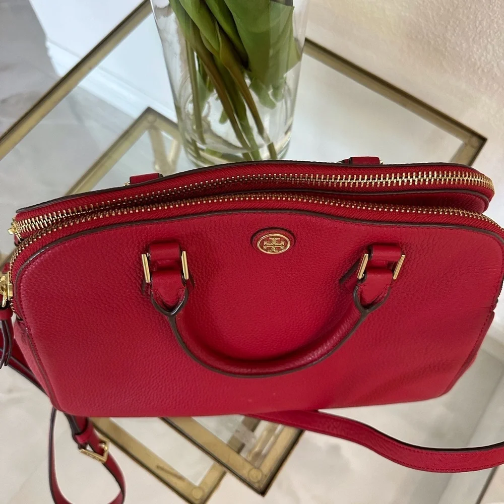 Tory Burch Cherry Red Robinson Satchel Pebbled Leather